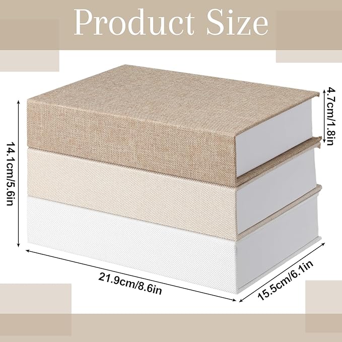 Tioncy 3 Pcs Fake Book Box Neutral Linen Book Box Decorative Faux Prop Storage for Farmhouse Home Decor shelf Table Card Photo DIY Keepsake Gift(8.6 x 6.1 x 1.8 Inch,Multicolor)