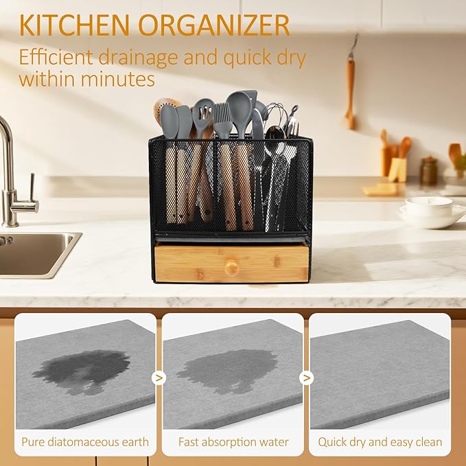 Kitchen Utensil Holder Countertop, Extra Large Utensil Organizer with Drawer, 2-In-1 Utensil & Silverware Holder for Countertop, Kitchen Organizer for Cookware Flatware, with Quick Dry Diatomite Pad