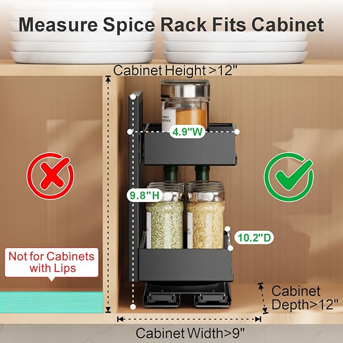 iSPECLE Spice Rack Organizer for Cabinet - 2 Pack Rotate Pull Out Spice Racks for Easy Access, Adjust Height to Fit 4 oz to 8 oz Spice Jars, Peel and Stick, 10.2" D for Small Kitchen Cabinet