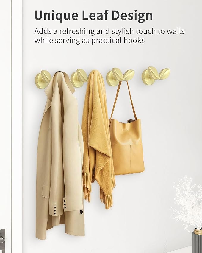 Decorative Coat Hooks Wall Mount, Unique Wall Decor Hooks for Hanging Towel Key Purse Hat Robe Clothes Cute Dual Leaves Hanger Hook for Bathroom Shower Closet Entryway Brushed Brass 4 Pack