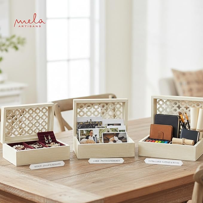 Mela Artisans Whitewash Wooden Keepsake Box | Handmade Decorative Memory & Trinket box for Jewelry,Photos & Letters | Wooden Storage Box with Hinged Lid | Medium |Trellis Design | 7.5 x 4.5x 3