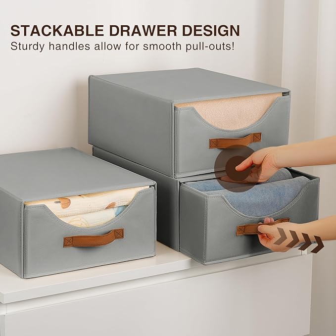 Stackable Storage Drawers - Large Collapsible Storage Bins with Drawers, 6 Pack Closet Shelf Organizer Basket, Fabric Pull Out Organizer for Bedroom, Living Room, Dorm, Grey
