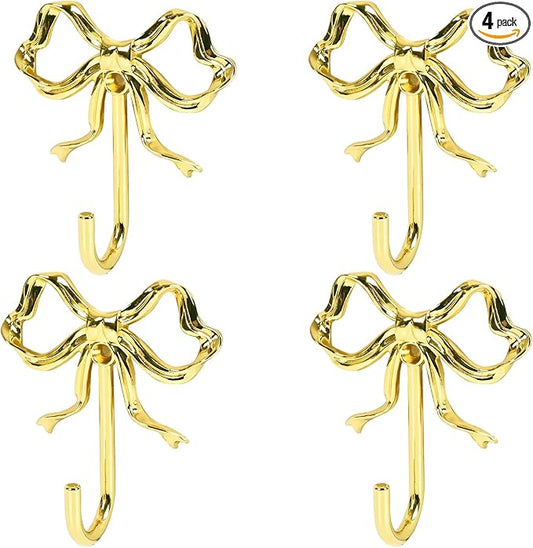 4 PCS Large Size Gold Bow Wall Hook,Decorative Gold Coat Hooks for Bathroom,Bedroom,Living Room - Heavy Duty Metal Towel Hooks for Hanging Robes,Hats,Bags,Keys,Coffee Mugs