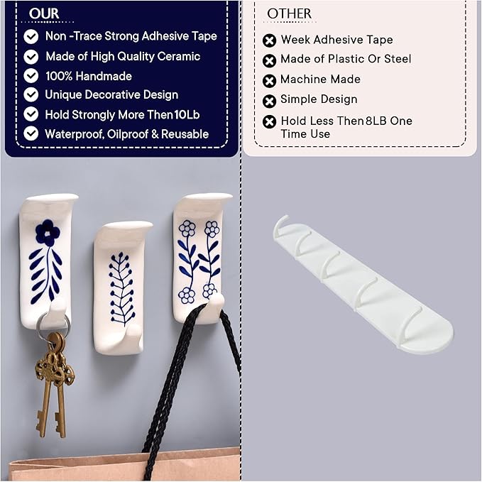 Indian Shelf Boho Ceramic Adhesive Wall Hooks - Damage-Free Decorative Blue Pottery Hangers for Keys & Towels, Renter-Friendly Stick-On Home Décor - 3 Hooks with 6 Strips(Style 1)