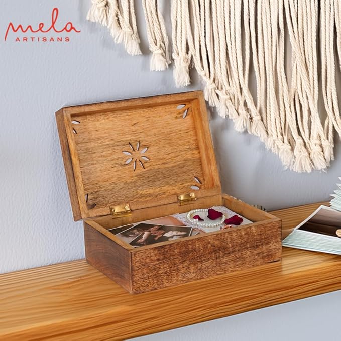 Mela Artisans Wooden Keepsake Box | Burnt Mango Wood Memory | Photo Storage Box with Hinged Lid | Decorative Storage Box | Mediumc | 7.5x4.5x3 Inch