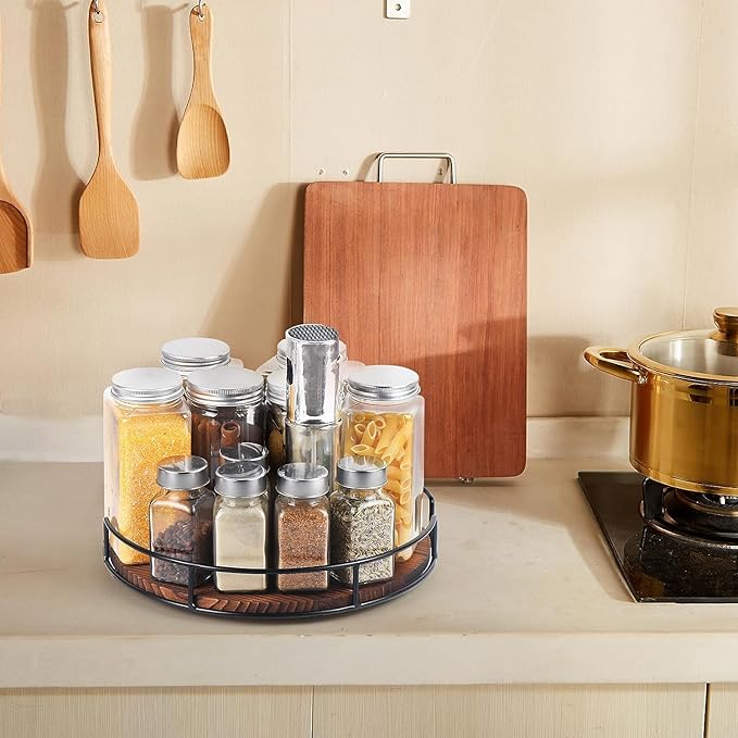Lazy Susan Organizer - Non-Skid Wood Turntable Organizer for Cabinet, Pantry, Kitchen Countertop, Refrigerator, Spice Rack, Carbonized Black