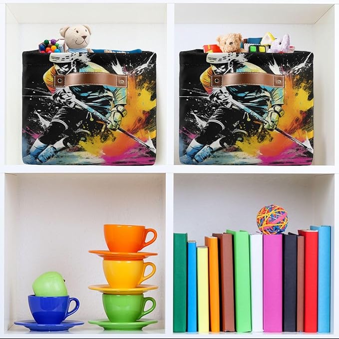 Storage Basket Abstract Running Ice Hockey Player Durable Canvas Collapsible Toy Box Organizer Bin with Handles for Shelf Closet Bedroom Home Office