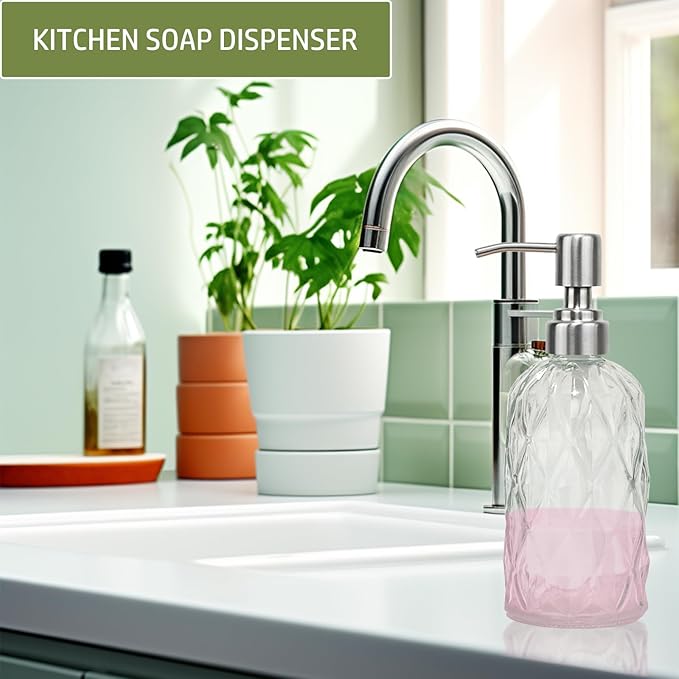 12Oz Clear Glass Soap Dispenser with Stainless Steel Pump, Diamond Design Refillable Kitchen Liquid Hand Soap Dispenser, for Dispense Hand soap, Dish Soap, Lotion, Bathroom, Countertop, Hotel