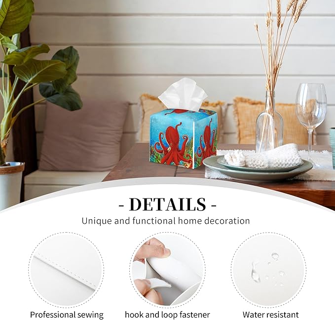 Tissue Box Holder Cartoon Octopus Tissue Box Cover Square Leather Tissue Holder Organizer Portable Decorative Facial Paper Case for Home Office Bathroom Vanity Countertop