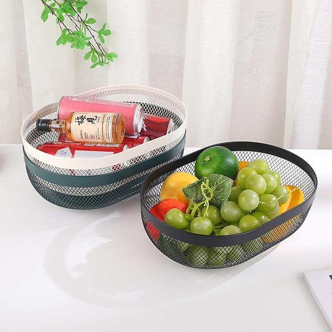 Metal Mesh Steel Basket, Oval Metal Wire Storage Organizer Baskets Multi Functional Kitchen Baskets Countertop Fruit Baskets Garden Harvest Basket for Kitchen Picnic Decor Cabinet Home, White
