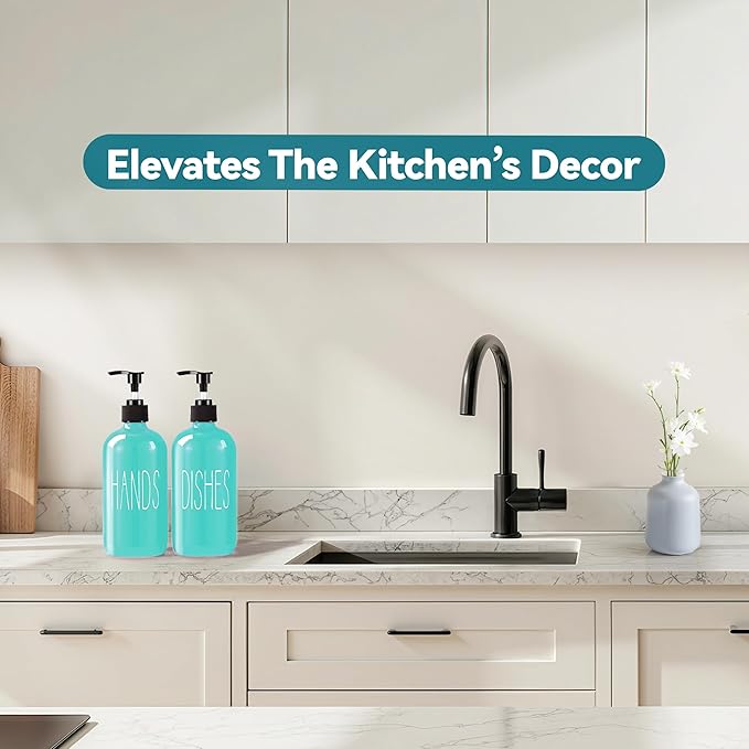 Glass Soap Dispenser Set 2 Pack,16 Oz Dish Soap Dispenser for Kitchen Sink,Teal Kitchen Accessories and Kitchen Decor,Turquoise Decorations and Kitchen Utensils for Kitchen