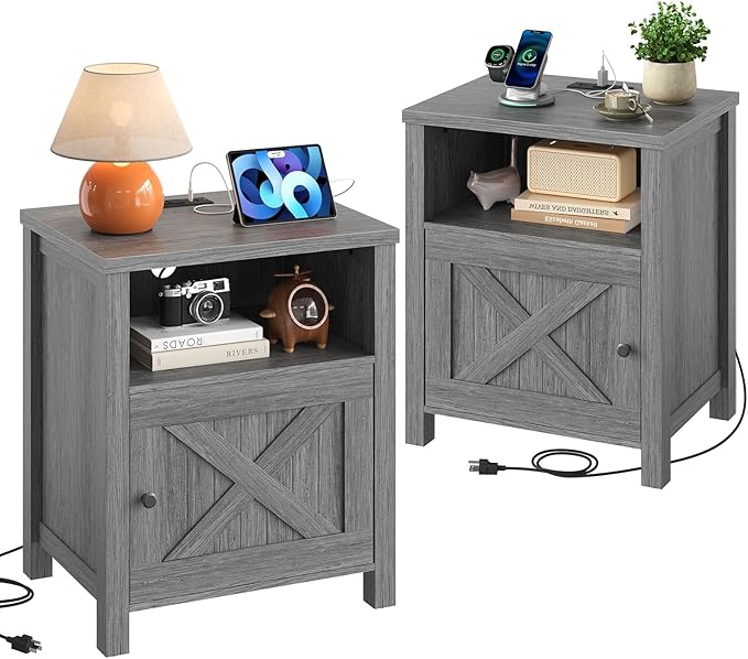 Marsail Farmhouse Nightstand Set of 2 with Charging Station, Wood Bedside Table with USB Port & AC Outlet, Open Shelf and Enclosed Cabinet, Side Table with Storage for Bedroom, Grey