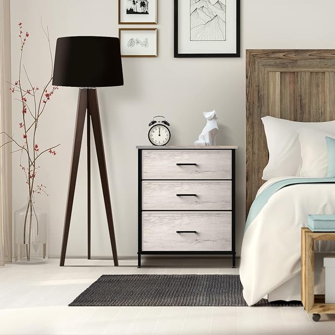 Sorbus Nightstand Dresser with 3 Faux Wood Drawers - Bedside Table Chest with Storage, Steel Frame, Wood Top, Easy Pull Fabric Bins for Bedroom, Living Room, Closet & Dorm Furniture Lamp Stand