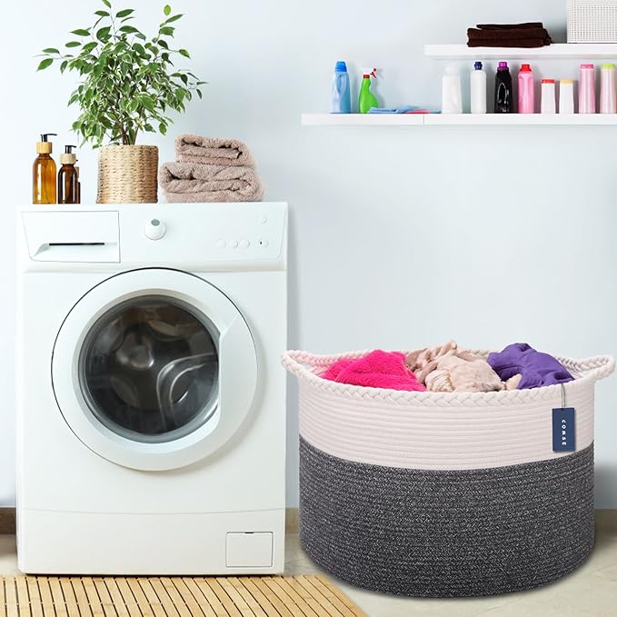 COMSE Extra Large Blanket Basket, Woven Laundry Basket, 21.7âx 13.8â, Nursery Hamper, Cotton Rope Laundry Hamper Living Room for Storage Toys Clothes Towels (White & Black)