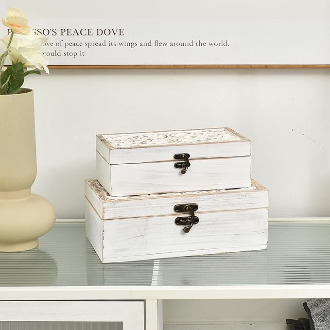 White Wooden Storage Box Set of 2 - Distressed White-Washed Decorative Boxes with Hinged Lids - Hand Carved Solid Pine Organizer for Jewelry, Keepsakes, and Shabby Chic Home Décor