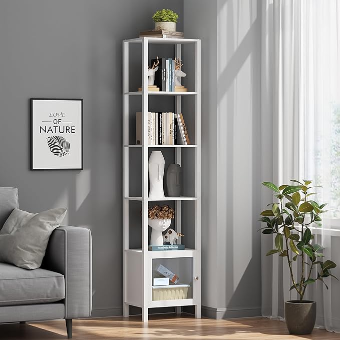 TUTOTAK 6 Tier Bookcase and Bookshelf, Narrow Book Shelf with Door for Small Space, for Living Room, Office, Study, Entryway, White BS03BW006