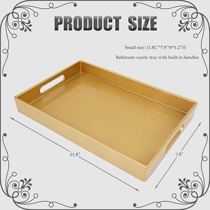 Spsyrine Gold Bathroom Vanity Tray with Handles for Dresser Tops, Countertop, Perfume Decorative Tray, 11.8â * 7.87â *1.37â