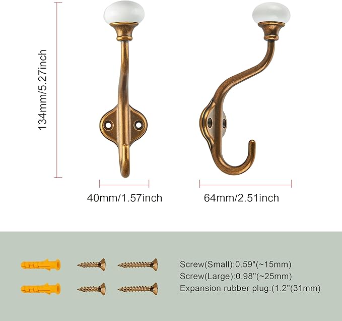 TUNNY Coat Hooks - 5 Pack Antique Brass Towel Hooks Robe Hooks Decorative Wall Hooks for Bathroom Bedroom Kitchen Towel Robe Clothes Cabinet Closet Bathroom Hardware