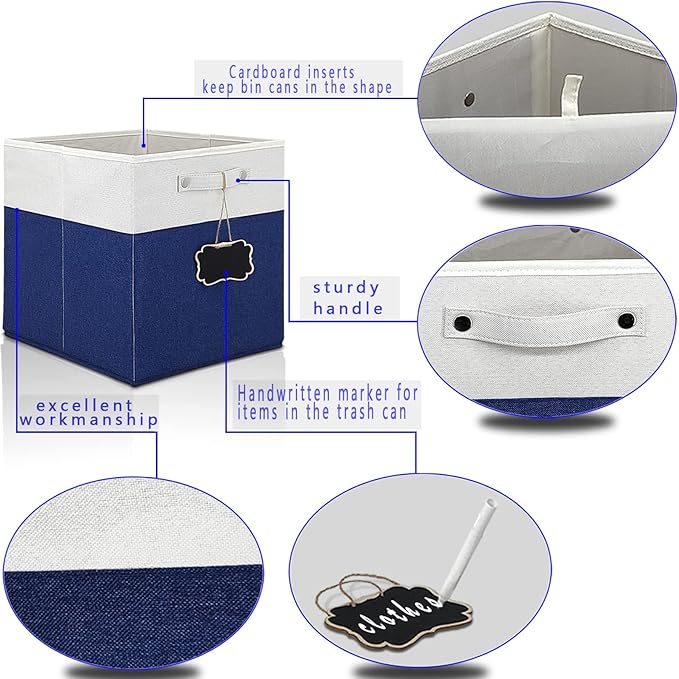 13x15x13 storage cube bins,Set of 4 Collapsible Fabric Storage Cubes with Labels,Linen Cube Storage Organizer Bins Kallax Storage Cubes for Organizing Home,Shelves,Cabinet,Clothes(White Blue).