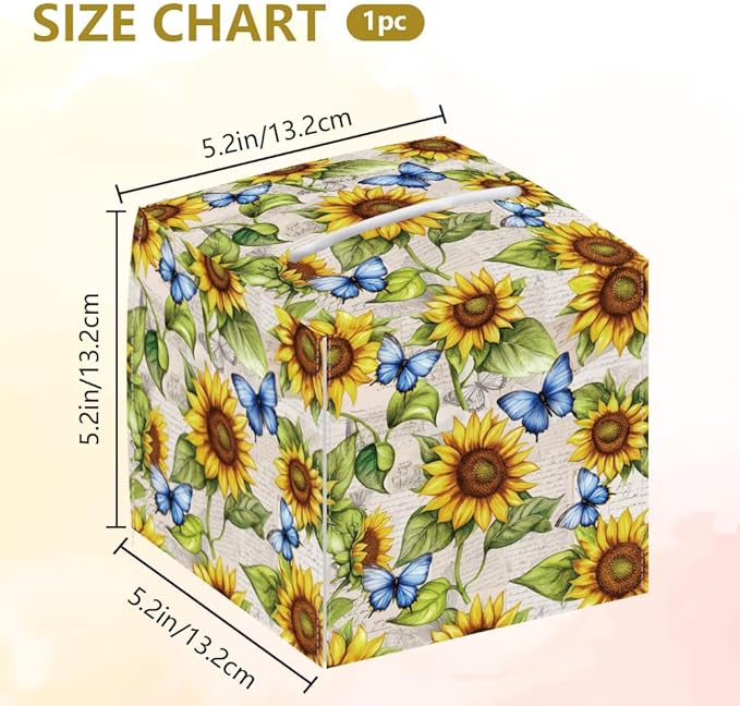Sunflowers Tissue Box Holder, Butterflies Square Tissue Box Cover Foldable Tissue Storage Box Waterproof Paper Towel Case Container Organizer Tissue Box Holder for Bathroom Car Nightstand