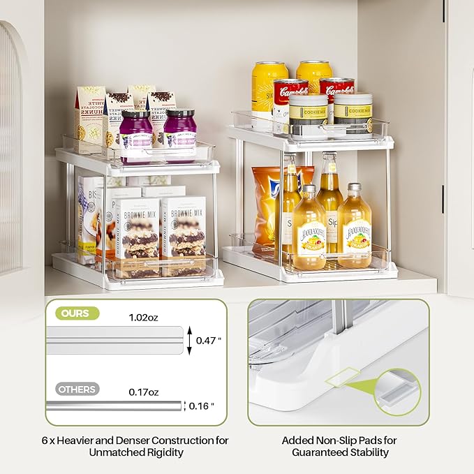 Delamu 2-Tier Bathroom Under Sink Organizers and Storage, Pull Out Cabinet Drawers with Anti-Slip Design & Two Sizes, Multi-Purpose Storage for Kitchen, Pantry, Bathroom & Home Organization, 2 Pack