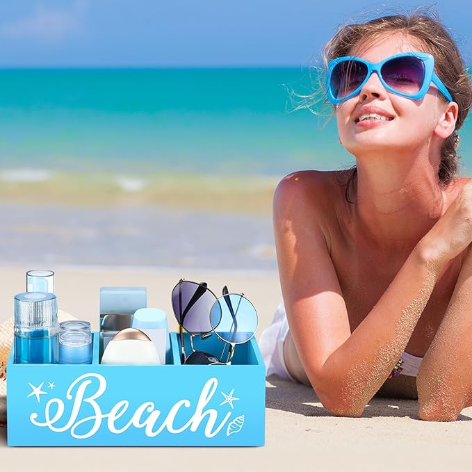 Beach Storage Basket Blue Summer Beach Wooden Box with 3 Compartments Toilet Tank Tray for Indoor Outdoor Swimming Pool Decor Sunblock Sunglasses Pool Toy Storage Box