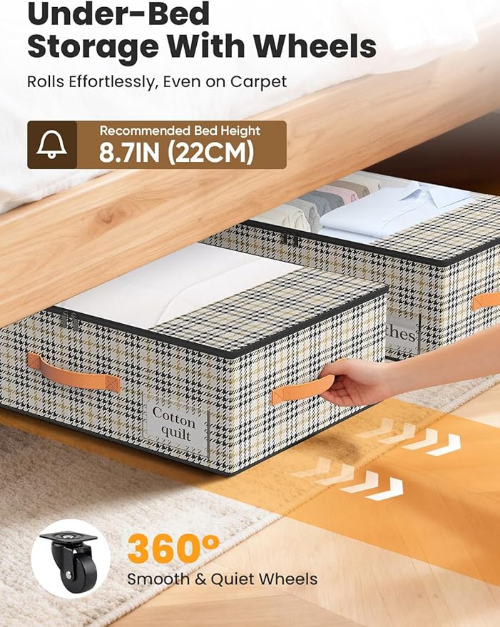 2-Pack Under Bed Storage Bins with Wheels and 4 Vacuum Seal Bags, Heavy Duty 80lbs Capacity,7.9 Inch Clear Lid Organizer for Dorm Bedroom Clothes Shoes Toys,Quick Assembly Space Saver Houndstooth