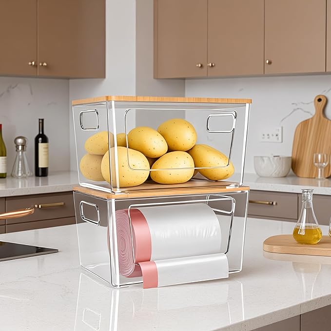 2 Pack Trash Bag Holder,Stackable Trash Bags Dispenser with Bamboo Lid,Extra Large Garbage Bag Holder for Kitchen, Laundry Room,Under Kitchen Sink Organizer