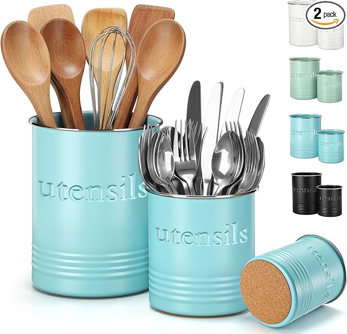 2 Pack Kitchen Utensil Holder for Counter 6.7"+4.7" Farmhouse Cooking Utensil Crock with Cork Bottom Modern Farmhouse Decors Countertop Storage Organizer Caddy Housewarming Gift(Turquoise)
