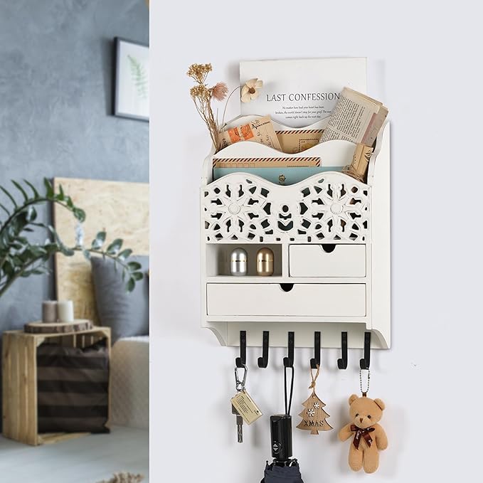 3-Slot Mail Sorter Organizer Wall Mount with 6 Hooks, Key Holder for Wall Decorative with 2 Drawer, Key Rack Hanger for Home Coat/Letter/Magazines/Dog Leash/Entryway/Room Decor