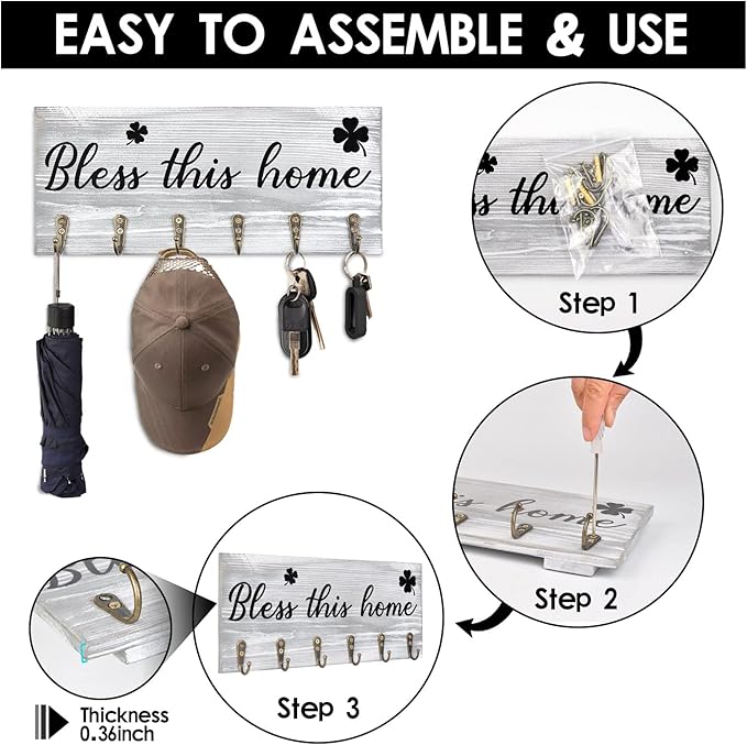 Key Holder Wall Mount with Words “Bless This Home”, Rustic Wooden Key Hanger with 6 Hooks for Farmhouse Home Entryway Living Room Decor - Light Grey