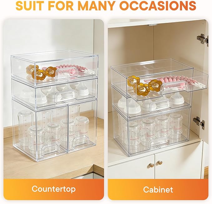 Baby Bottle Organizer, 4 Pack Clear Space-Saving Stackable Drawer with Handle, Baby Bottle Storage Organizer for Countertop and Cabinet