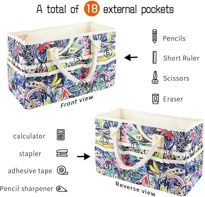 E-WEICHEN Craft Organizer Tote Bag Art Storage Caddy with Multiple Pockets Containers for Art,Craft,and Office Supplies Storage.Line Drawing
