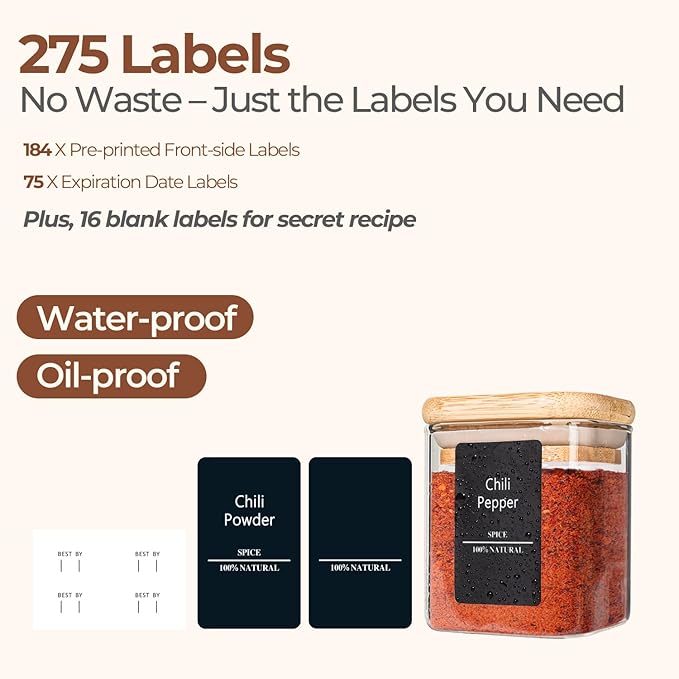 ComSaf 12Pcs Spice Jars with Labels, Glass Jar with Bamboo Lid, 4oz Airtight Square Spice Containers with Black Lables, Empty Seasoning Jars for Spice, Salt, Pepper, Sugar