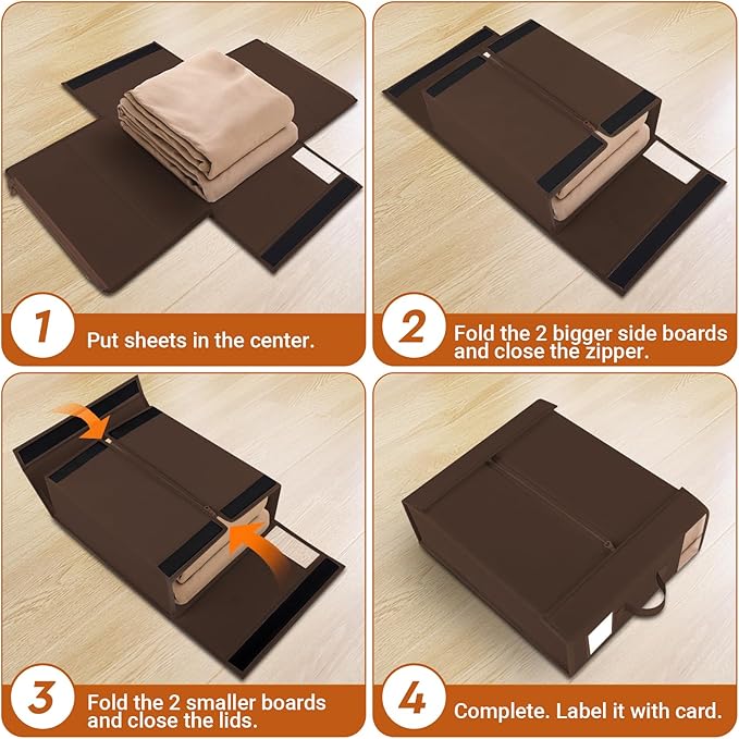 8 Pack Bed Sheet Closet Organizers and Storage,Sturdy Foldable Storage Containers with Window and Label,Storage and Organization for Bedding Sheets,Duvet Covers,Blankets (Brown)