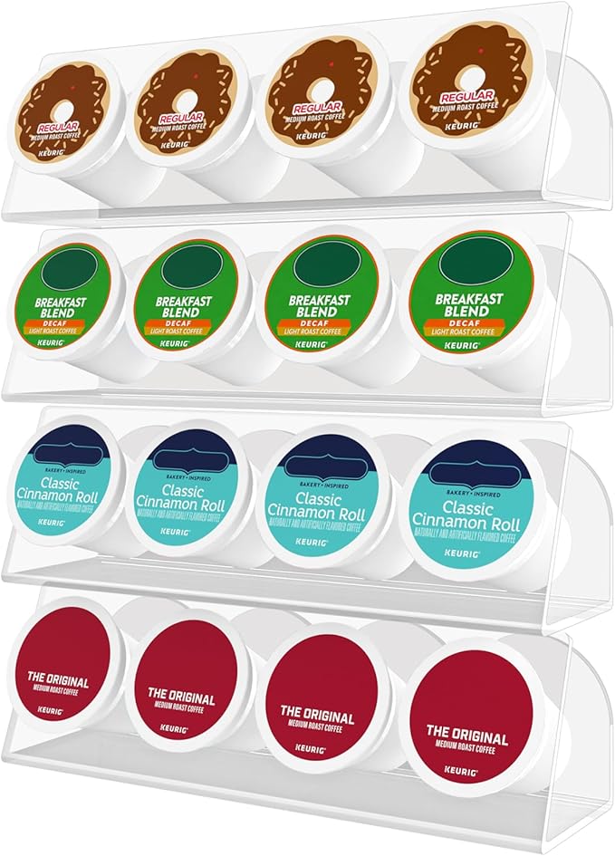 Acrylic K Cup Holder Holds 16 K-Cups, Magnetic & Self-Adhesive Multi-Mount Reusable Coffee Pod Organizer For Kitchen, Fridge, Cabinet (4 Pcs, Clear)