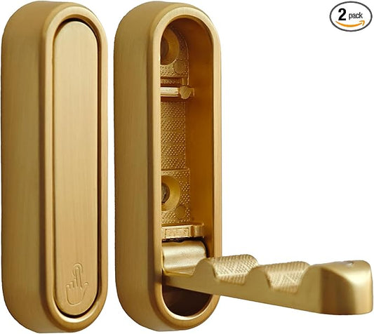 Foldable Wall Hooks Heavy Duty - Zinc Alloy Hidden Handle with Anchors/Screws, Space-Saving for Bathroom, Kitchen, Closet, 33lb Capacity, Wall Mounted (Gold Brushed, Count, 2)