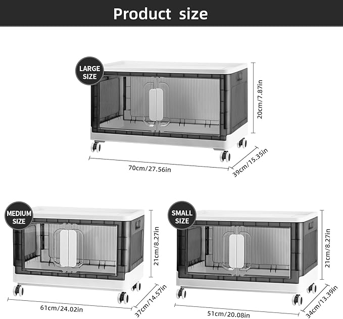 Folding Storage Organizer with Silent casters | Stackable Design for Home & Office, Heavy-Duty Plastic Storage Bin with Clear Door, 3 Sizes (19.5/23.5/27.5in),Black/White (23.6" 2 layer, White)