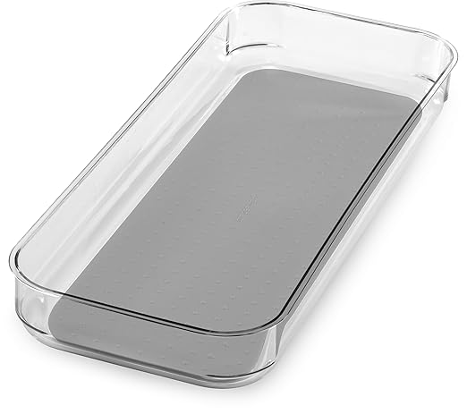 madesmart Large Premium Clear Bin, Clear Storage Organizer for Office Supplies, Kitchen Tools, Pantry Items & Home Essentials, Soft Grip Lining, and Non Slip Base, Grey