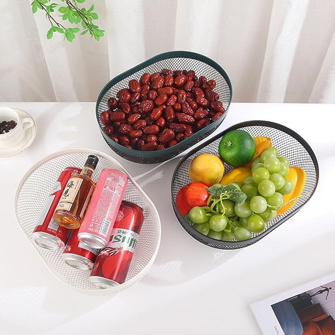 Metal Mesh Steel Basket, Oval Metal Wire Storage Organizer Baskets Multi Functional Kitchen Baskets Countertop Fruit Baskets Garden Harvest Basket for Kitchen Picnic Decor Cabinet Home, Black
