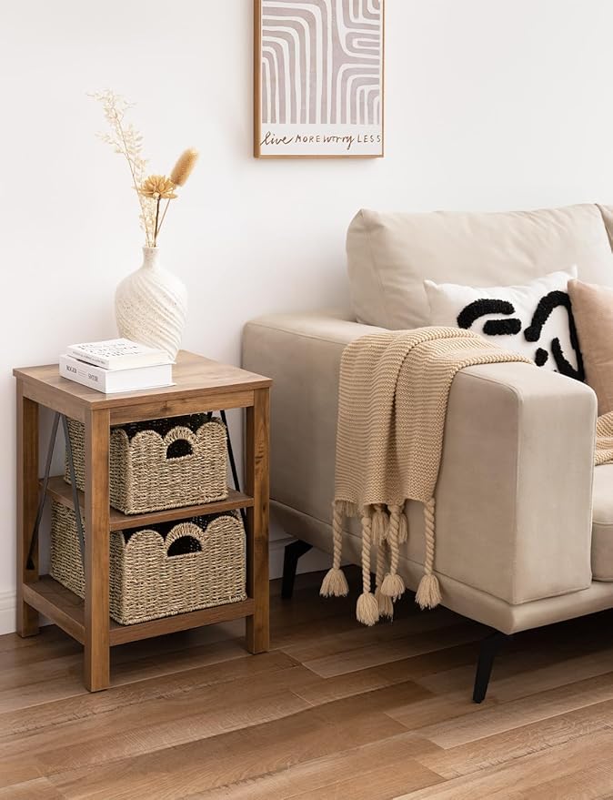StorageWorks Scalloped Wicker Basket, Woven Baskets for Storage, Rattan Baskets with Handles, Paper Rope Basket for Organizing and Decor, 2 Pack