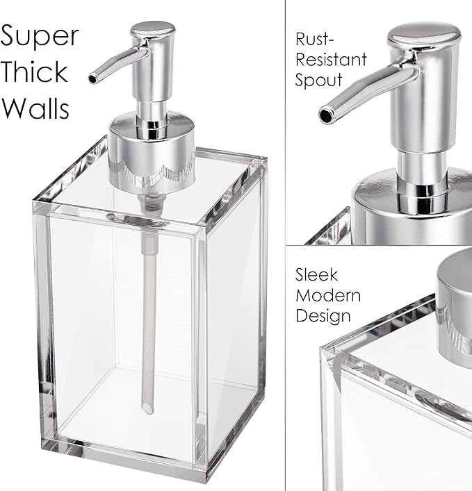 Clear Acrylic Reusable Kitchen & Bathroom Hand Sanitizer Dispenser with Rust Proof Stainless Steel Pump, Square Soap Dispenser Set | 12 oz, 2 Pack