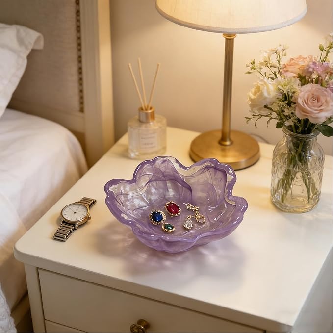Flower Ring Dish Jewelry Tray, Glass Jewelry Dish Tray, Aesthetic Room Decor Small Trinket Dish, Nightstand Ring Holder Dish, Bathroom Jewelry Plate Bowl for Earrings (Watercolor Violet Purple)