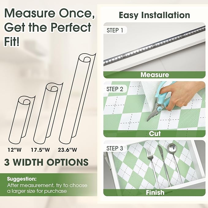 Coavas Extra Grip Thickened Shelf and Drawer Liner - Non-Adhesive Non-Slip Waterproof Mats for Kitchen Cabinets, Drawers, Shelves, Dresser & Cupboard, Easy Cut DIY (Green Rhombic, 12IN x 20FT)