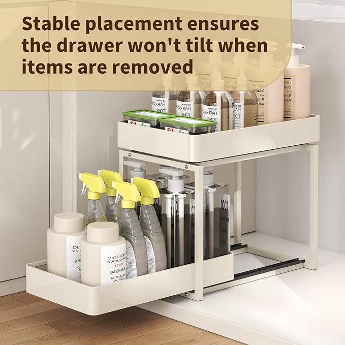 Pull Out Cabinet Organizer 1 pack 2 Tier Kitchen Under Sink Organizers and Storage for Clear Bathroom MultiPurpose Cabinet Organizer for Vanity Counter Cupboard Closet (1Set White)
