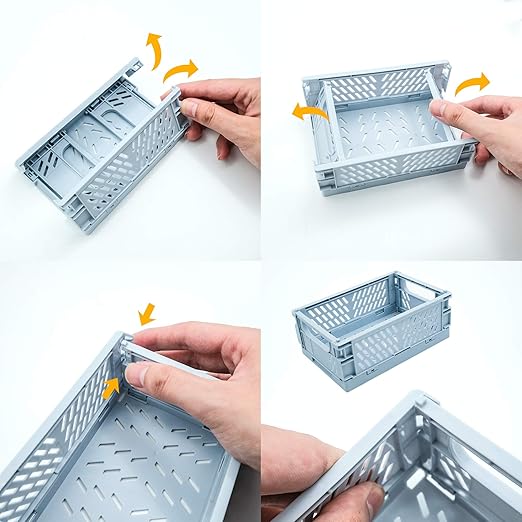 4-Pack Mini Baskets Plastic for Shelf Home Kitchen Storage Bin Organizer, Stacking Folding Storage Baskets for Classroom Bedroom Bathroom Office (5.9 x 3.8 x 2.2)