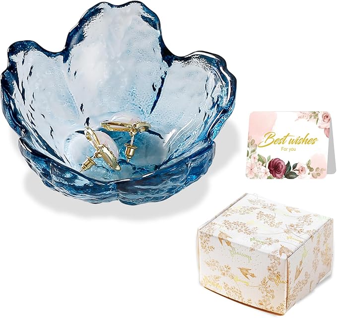 Blue Flower Glass Ring Dish Jewelry Tray Ring Holder Dish Cute Room Decor Vanity Organizer for Nightstand or Bathroom Aesthetic Trinket Dish Gift for Wife Mom Daughter