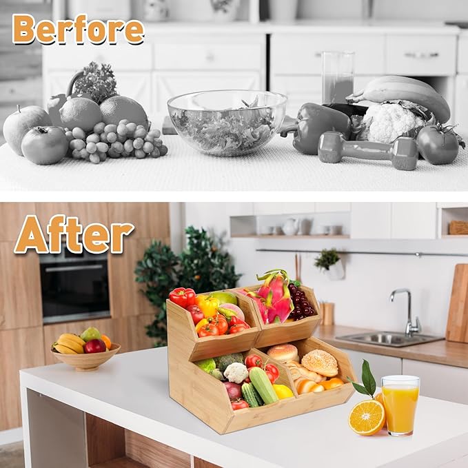 Bamboo Stackable Pantry Storage Bins, Kitchen Pantry Organizers and Storage, Potato and Onion Storage Bin, Wood Pantry Baskets for Produce, Fruits, Vegetable and Bread, Set 3 Pieces