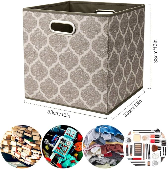 Storage Cubes Bins Fabric 13x13 Inch Brown Storage Boxes Foldable Storage Baskets Printed Cloth Collasible Storage Inserts Cube for Organizing ,QY-SC01-6