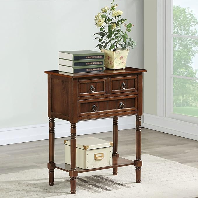 Convenience Concepts Kendra Entryway Hall Table 23.75" - 3 Storage Drawers, Traditional Console with Shelf for Decor, Office & Hallway Organizer, No Tools Assembly, Solid Wood Legs, Espresso